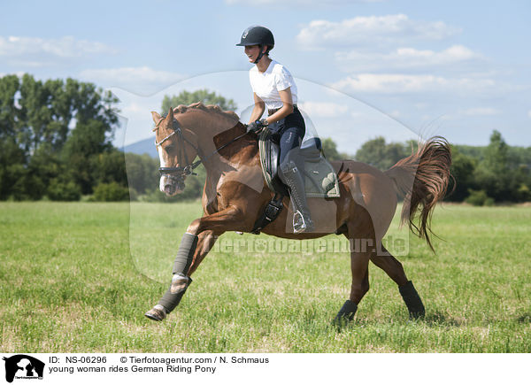 junge Frau reitet Deutsches Reitpony / young woman rides German Riding Pony / NS-06296