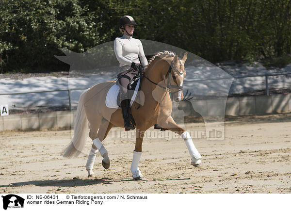 Frau reitet Deutsches Reitpony / woman rides German Riding Pony / NS-06431
