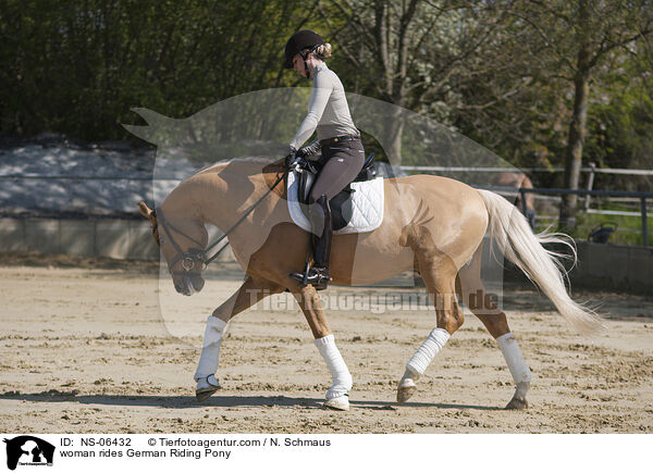 Frau reitet Deutsches Reitpony / woman rides German Riding Pony / NS-06432