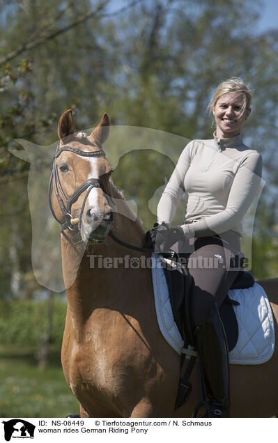 Frau reitet Deutsches Reitpony / woman rides German Riding Pony / NS-06449