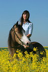 woman rides German Riding Pony in rape field