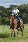 young woman rides German Riding Pony