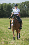 young woman rides German Riding Pony