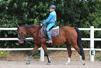 woman rides German Riding Pony