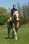 woman rides haflinger horse