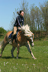 woman rides haflinger horse