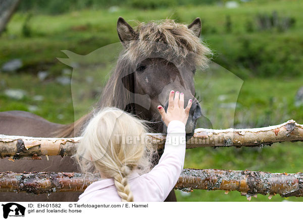 Mdchen streichelt Islnder / girl and Icelandic horse / EH-01582