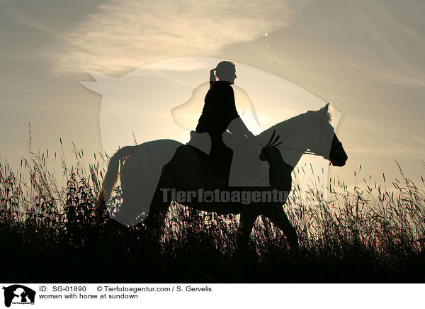 junge Frau mit Pferd im Sonnenuntergang / woman with horse at sundown / SG-01890