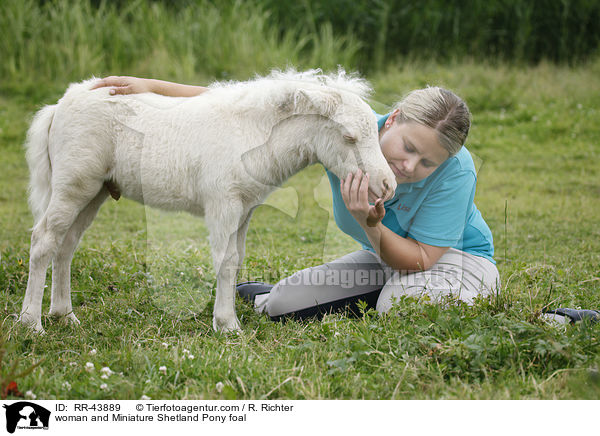 Frau und Mini Shetland Pony Fohlen / woman and Miniature Shetland Pony foal / RR-43889