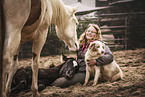 woman, dog and horses