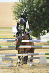 woman falls at the jumping tournament