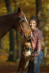 woman, dog and horse