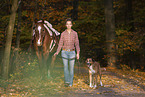 woman, dog and horse