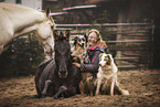 woman, dogs, horse and zebra-horse