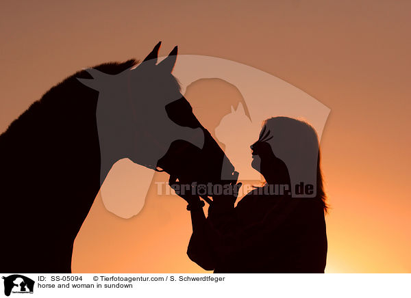 Pferd und Mensch im Sonnenuntergang / horse and woman in sundown / SS-05094