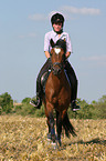 woman rides pony on stubblefield
