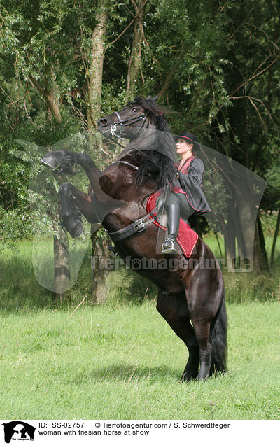 Frau mit Friese beim Showreiten / woman with friesian horse at show / SS-02757