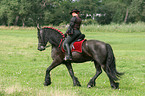 woman with friesian horse at show