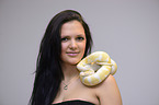 woman and Albino Burmese python