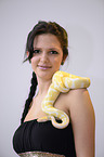 woman and Albino Burmese python