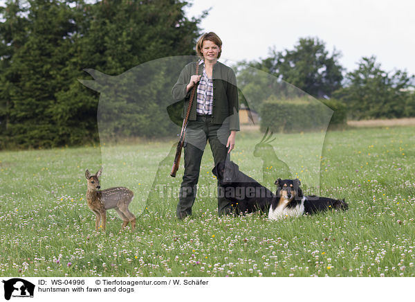 Jgerin mit Rehkitz und Hunden / huntsman with fawn and dogs / WS-04996